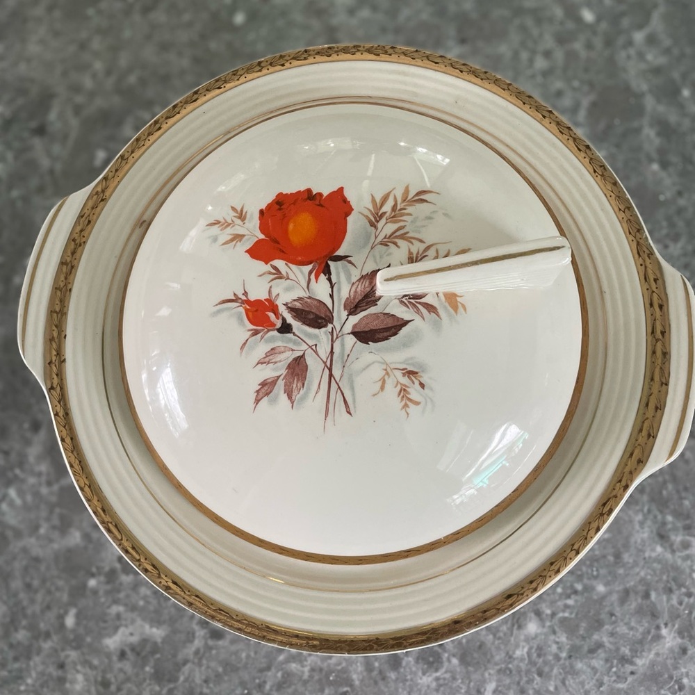 Covered Vegetable Bowl the Vermillion Rose pattern by Triumph American Limoges.